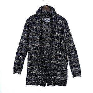 Lucky Brand Shawl Neck Shag Fleece Open Cardigan Navy Silver Metallic Sz Medium